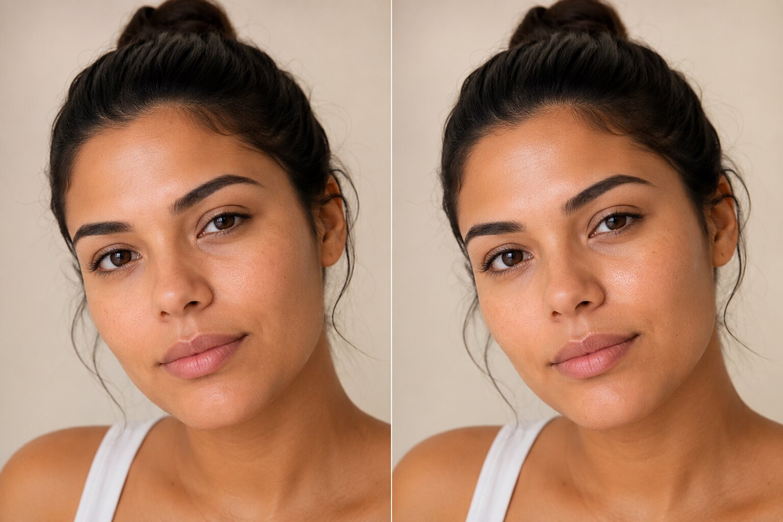 Simulação ilustrativa fictícia de antes e depois para cuidados com a luminosidade da pele